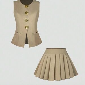 Tan Mini Skater Dress with Pleated Skirt Set